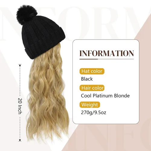 Miniatura 3 de Flufymooz Gorro con peluca, extensión de pelo con gorro de piel sintética con pompón largo ondulado rizado, peluca con gorro adjunto de 20 pulgadas