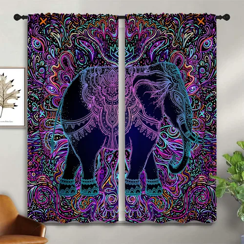 Miniatura 3 de Hermosas cortinas opacas con bolsillo para barra de mandala y elefante para dormitorio de niños y niñas, estilo tribal bohemio, hippie y bohemio