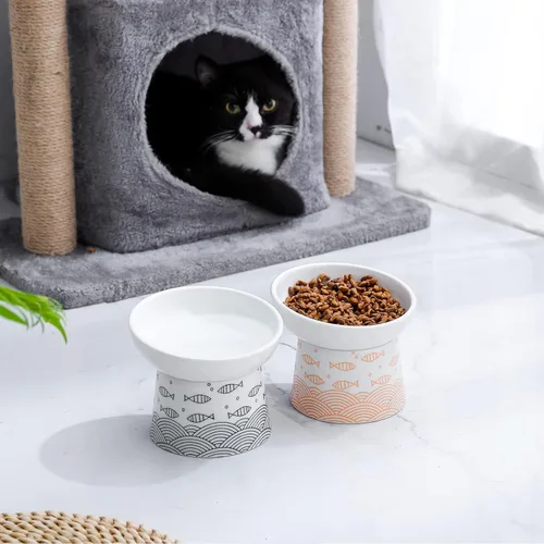 Miniatura 2 de Juego de 2 cuencos elevados de cerámica inclinados para gatos y perros pequeños, platos elevados de porcelana para alimentación sin estrés
