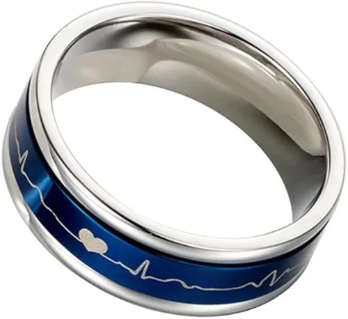 Miniatura 4 de Romántico juego pareja anillos titanio acero boda bandas negro azul cómodo ajuste giratorio ECG Heartbeat su y su promesa regalos especiales
