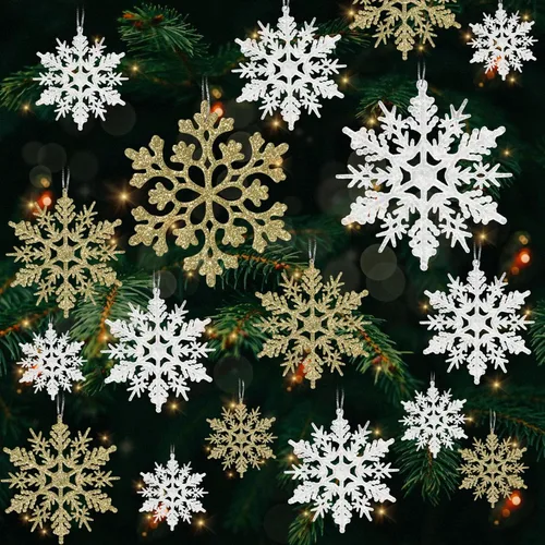 Miniatura 20 de Decoraciones para árbol de Navidad, adornos de copo de nieve, 36 piezas de copos de nieve colgantes de plástico con purpurina azul y plateado