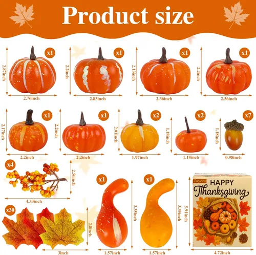 Miniatura 2 de Juego de 51 mini calabazas artificiales para decoración de otoño, calabazas de plástico de espuma con hojas de otoño, pequeñas decoraciones de otoño