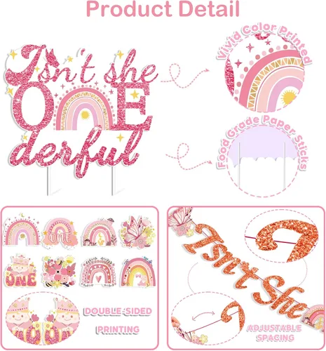 Miniatura 3 de 35 decoraciones de cumpleaños con texto en inglés "Isn't She Onederful", decoraciones de primer cumpleaños para niñas, fácil instalación, incluye