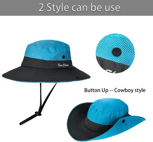 Miniatura 37 de Sombrero de sol de verano para mujer, cola de caballo – Protección UV de malla de ala ancha plegable con agujero para cola de caballo