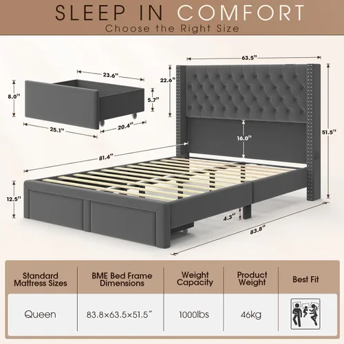 Miniatura 2 de CIKUNASI Base de cama de terciopelo Queen con cabecero, almacenamiento, luz LED, estación de carga, gris, tablero de fibra de densidad media