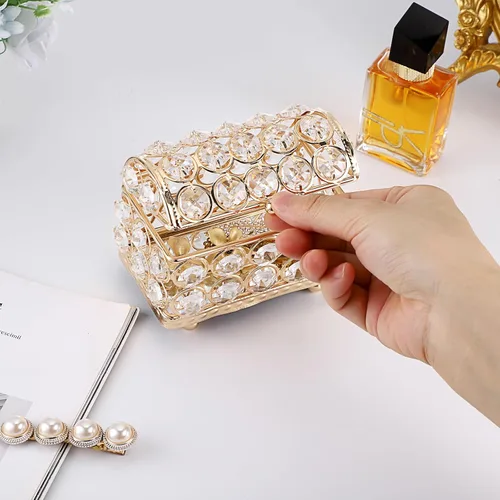 Miniatura 5 de ELLDOO Joyero de cristal, caja organizadora de aretes, anillos, decoración del hogar, caja decorativa con tapa, regalo dorado para San Valentín