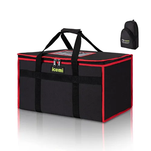 Bolsa para entrega de alimentos, 56L, negro oscuro, formal, unisex, cierre de cremallera, correa para el hombro, sin ruedas, patrón sólido, 13x13x12