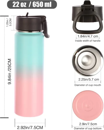 Miniatura 2 de Volhoply Botellas de agua aisladas de 22 onzas con tapa con pajilla, botella deportiva de acero inoxidable con asa, tazas de agua de viaje de metal