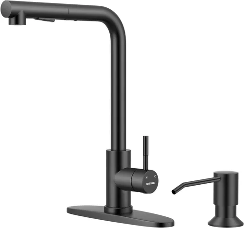 Miniatura 15 de WEWE Grifo de Fregadero de Cocina, Grifo de Cocina Extraíble, Grifo de Cocina Negro y Cromado con Rociador de Acero Inoxidable de Una Sola Manija