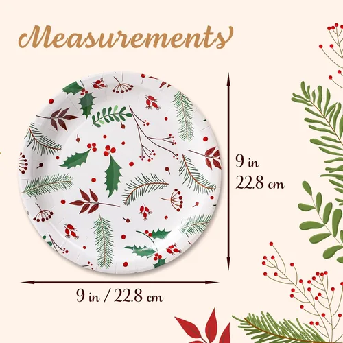 Miniatura 4 de MATICAN Platos de papel para fiesta, paquete de 50 platos de papel desechables, suministros de fiesta de Navidad, diseño de acebo de Navidad, platos