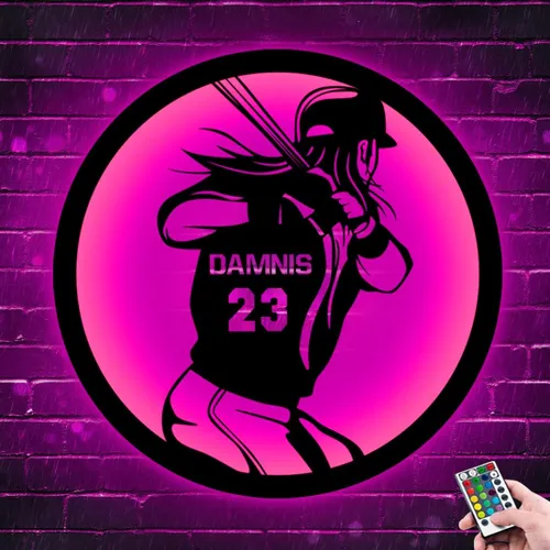 Miniatura 3 de Letrero de metal personalizado para jugador de sóftbol con luz LED, nombre y número personalizado, arte de pared de sóftbol, letrero de neón