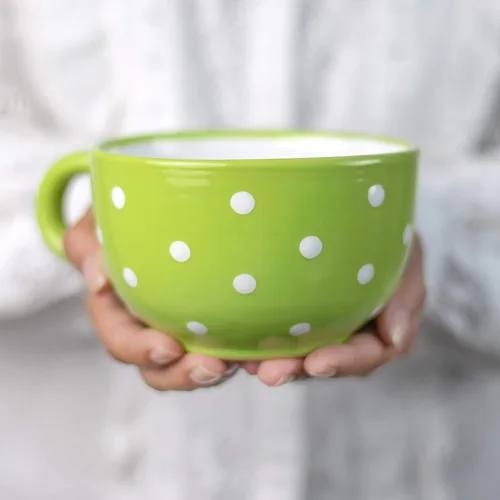 City to Cottage Taza de cerámica hecha a mano, diseño de lunares verde lima y blanco, extra grande de 17.5 onzas, capuchino de cerámica, café, té,