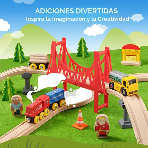 Miniatura 5 de Tiny Land 55 piezas de juego de tren de madera - Compatible con pistas de marcas principales, juguete educativo para niños de 3 a 7 años, duraderos