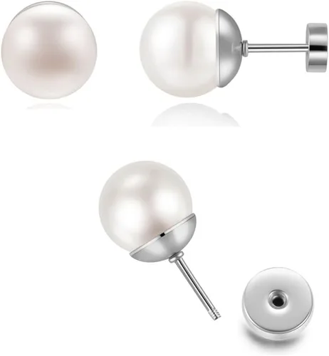 Miniatura 7 de Pearl Stud Earrings for Women,Flat Screw Back Pearl Helix Earrings Cartilage Earrings 316L Surgical Steel Piercing Jewelry Gift(7,8,9,10mm Pearl)