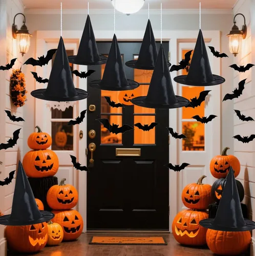 H-Style Decoraciones de Halloween para interiores y exteriores – 8 sombreros de bruja y 32 piezas de decoración de murciélagos 3D, sombrero de