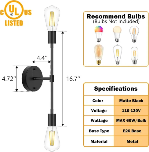Miniatura 2 de FadimiKoo Lámparas de Baño Negras de 2 Luces, Apliques de Pared Modernos, Luminarias de Iluminación, Lámpara de Techo Semiempotrada para Interiores