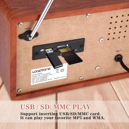 Miniatura 6 de LoopTone Radio vintage AM FM multifunción USB SD con altavoz Bluetooth, radio de mesa de madera retro para cocina, sala de estar con perilla