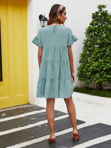 Miniatura 2 de MakeMeChic Vestido smock de cintura alta de manga corta con volantes y lunares para mujer