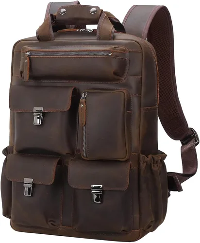 Miniatura 11 de Mochila de cuero genuino para hombre, estilo vintage, de 15.6 pulgadas, bolsa para computadora portátil, varios bolsillos, mochila casual de viaje