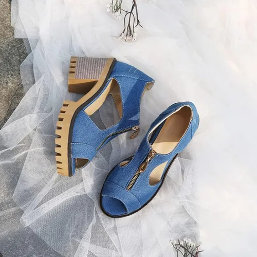 Miniatura 9 de Sandalias de tacón alto apiladas para mujer con puntera abierta, con cremallera y plataforma de verano