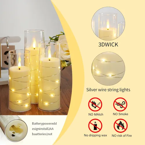 Miniatura 4 de Velas sin llama, con cadena de estrellas incorporada, velas operadas por baterías, velas LED parpadeantes, velas de pilar con control remoto