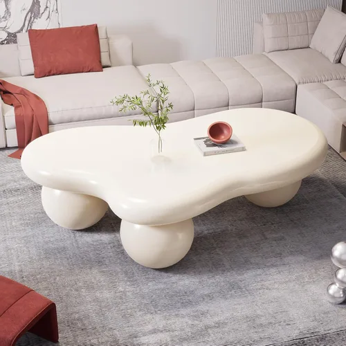 Mesa de centro en forma de nube de 40 pulgadas, modernas mesas de centro ovaladas irregulares con 3 bases, mesa central color crema para dormitorio,