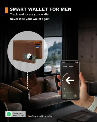 Miniatura 4 de Billetera AirTag para hombre, de piel auténtica plegable con bloqueo Rfid AirTag con ranuras para efectivo y ventana de identificación, compatible
