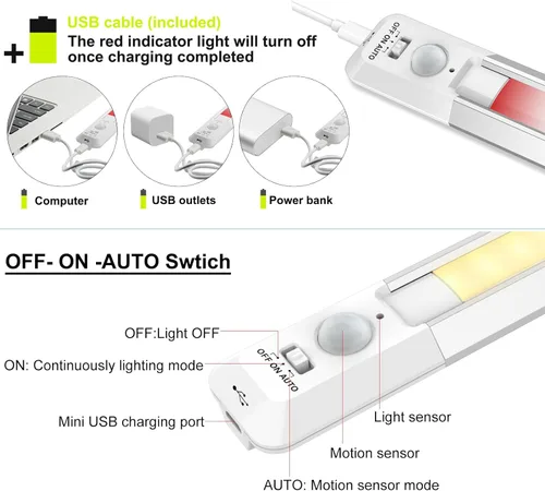 Miniatura 3 de BIGMONAT Luz nocturna LED con sensor de movimiento, luces inalámbricas recargables por USB para debajo del gabinete, barra de iluminación magnética