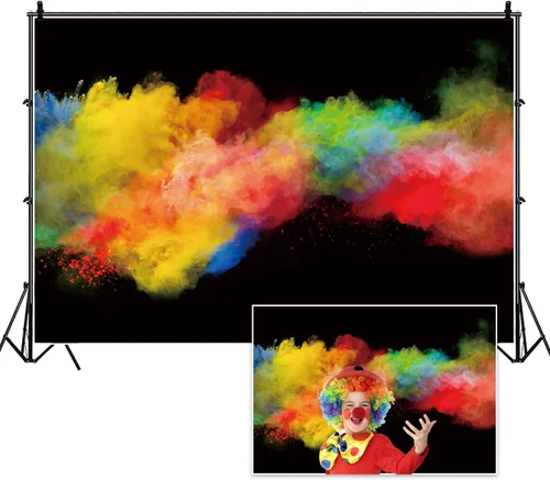 Telón de fondo colorido de 5 x 3 pies para fotografía, color arco iris, polvo, humo, explosión, fondo negro, decoración de fiesta de cumpleaños para