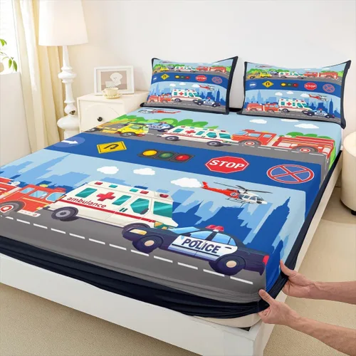 Miniatura 4 de Juego de sábanas de vehículos de rescate, tamaño individual, juego de ropa de cama de ambulancia de coche de policía, camión de bomberos, decoración