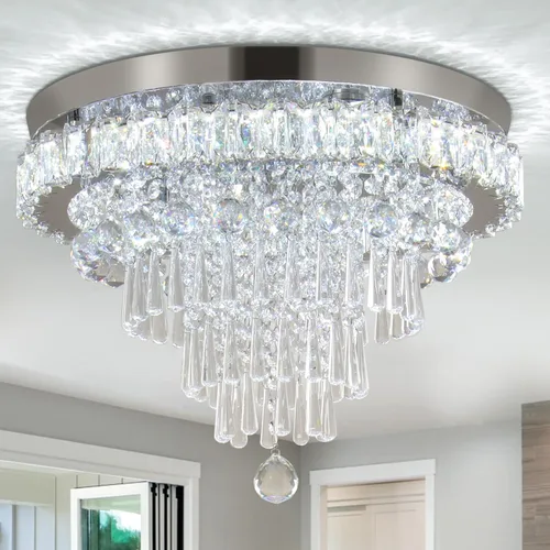 CLAIRDAI Lámpara de araña moderna de cristal redonda LED, luminarias de luz de techo de cristal, lámpara de araña de montaje empotrado, lámpara de