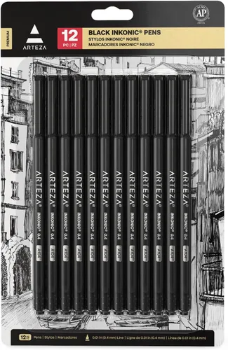 ARTEZA - Plumones Black Inkonic Fineliners, juego de 12, marcadores de punta fina de 0.4 mm, plumones de arte a base de agua para dibujar, hacer