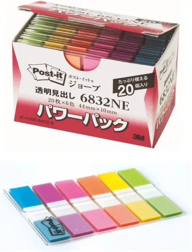 Post-it 6832NE - Notas adhesivas de película, cabeceras, transparentes, 1.732 x 0.394 in, 20 hojas, 6 colores, 20 almohadillas