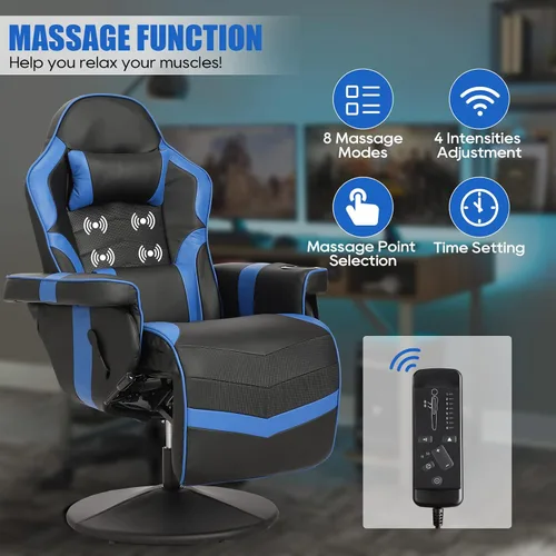 Miniatura 5 de Silla para juegos, silla reclinable para juegos con reposapiés, silla de juegos de piel sintética reclinable con masaje, sillas reclinables Azul