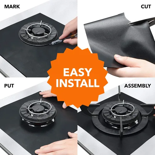 Miniatura 4 de Paquete de 10 protectores de estufa de gas, revestimientos para quemadores de estufa, color negro, tamaño 27 x 27 cm, cubierta antiadherente