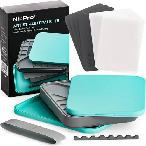 Nicpro Paleta Stay Wet para kit de pintura acrílica en miniatura, paletas de bandeja de pintura con 100 piezas de papel de paleta, 4 esponjas,
