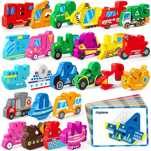 Miniatura 10 de Vanmor Rompecabezas de madera del alfabeto para niños pequeños, juego de palabras a juego con 52 bloques y tarjetas flash, juguetes de ortografía