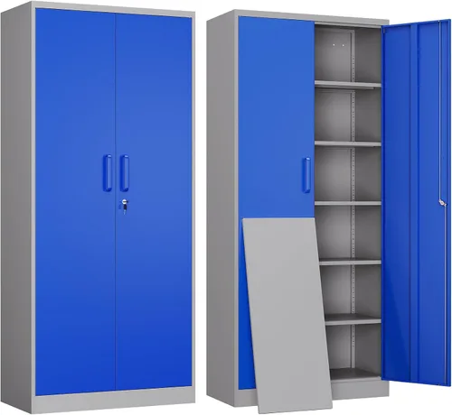 Miniatura 22 de Yizosh Armario de almacenamiento de metal para garaje con 2 puertas y 5 estantes ajustables, gabinete de archivo de acero con cerradura de 71