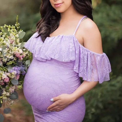 Miniatura 3 de Vestido de maternidad con volantes y hombros descubiertos para mujer, para fotografía, baby shower, vestido de sirena floral para sesión de fotos