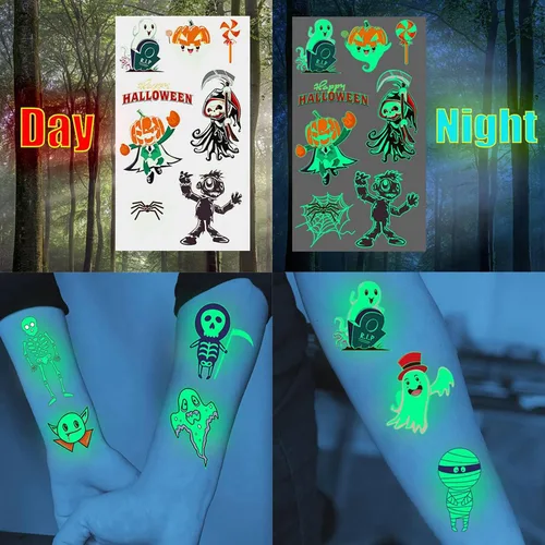 Miniatura 2 de 10 hojas de tatuajes temporales luminosos de Halloween con purpurina nocturna para niños y niñas, calcomanías de tatuaje falso 3D de zombi que