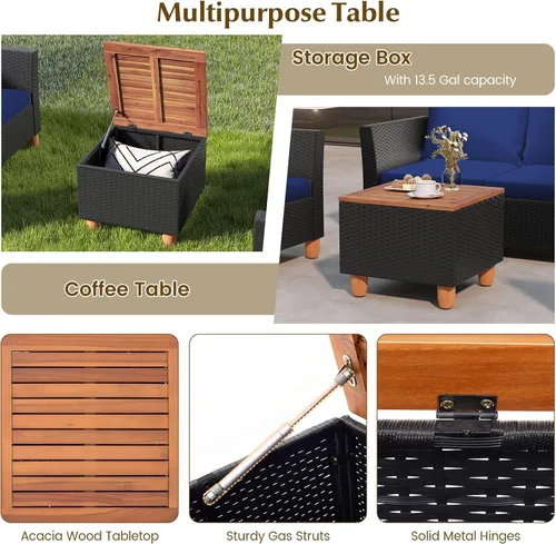 Miniatura 7 de HAPPYGRILL Juego de 4 piezas de mimbre para patio, silla de ratán de polietileno y otomana con cojines extraíbles, mesa de centro de almacenamiento