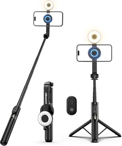 UBeesize Trípode magnético para selfie stick con luz regulable y control remoto recargable, soporte de trípode portátil de viaje para teléfonos