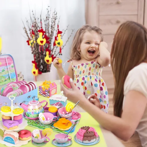 Miniatura 8 de PRE-WORLD - Juego de té para niñas pequeñas, 50 piezas de juguete de princesa para fiestas de té, incluye postre, galletas, dona, bandeja de tetera