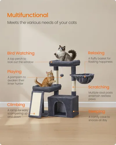 Miniatura 3 de Feandrea Árbol para gatos, torre para gatos con postes rascadores y rampa, 2 perchas grandes, cueva, canasta, 33.8 pulgadas de alto, gris oscuro