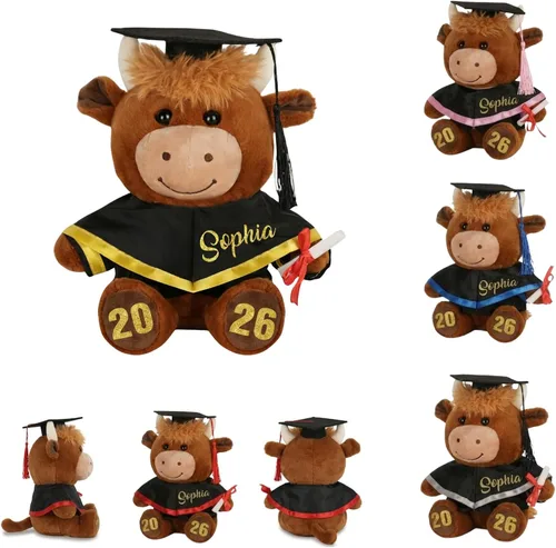 Peluche personalizado de graduación de vaca de las tierras altas 2026, nombre personalizado con monograma de clase de 2026, lindo regalo de