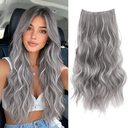 Miniatura 39 de Extensiones de cabello con halo de 12 pulgadas con alambre invisible, cabello largo ondulado ajustable, sintético, mejora con 4 clips de seguridad