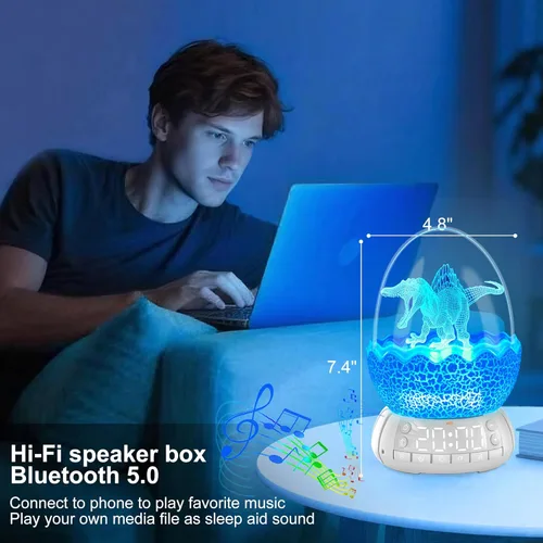 Miniatura 6 de Reloj despertador de huevo de dinosaurio mejorado/reloj digital con luz nocturna, temporizador de 20 sonidos relajantes ayuda a dormir/altavoz