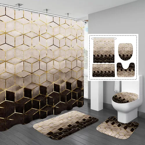 Miniatura 9 de Gibelle Juego de 4 cortinas de ducha de baño con alfombras antideslizantes, cubierta para tapa de inodoro y tapete de baño, líneas cúbicas doradas