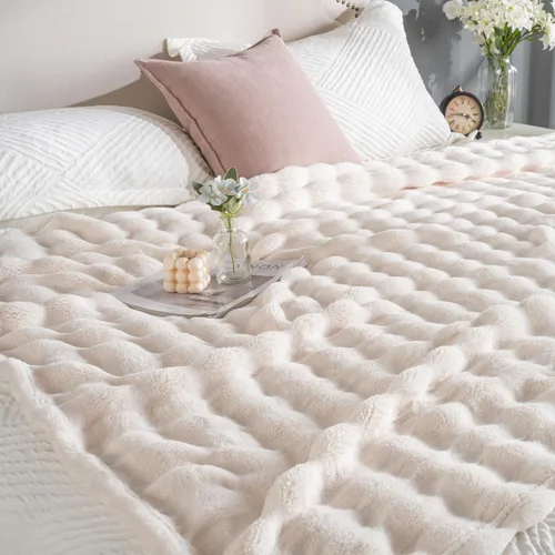 Miniatura 2 de Manta de Tiro de Piel Sintética Color Hueso para Sofá, Manta Suave y Esponjosa de Burbujas para Cama y Sofá, Manta Gruesa y Cálida de Felpa Difusa
