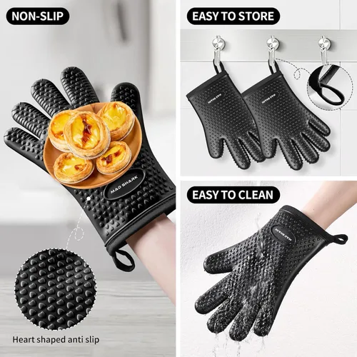 Miniatura 4 de MAD SHARK Manoplas de horno de silicona resistentes al calor de 450 grados, guantes de horno impermeables y antideslizantes con dedos, guantes